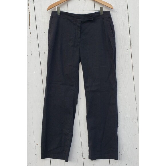 $228 Eileen Fisher Black LINEN Blend Straight Trouser Pants W/ Tab Petite Sz 12P